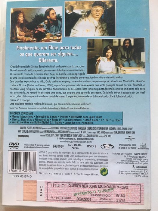 DVD filme - Queres ser John Malkovich - NOVO