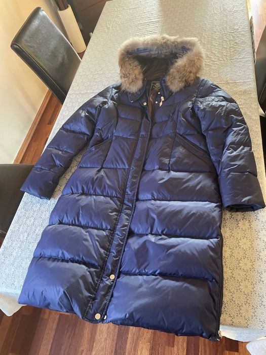 Eksluzywna Kurtka granatowa 50% puchowa  50% pierze , kaptur lis Perso