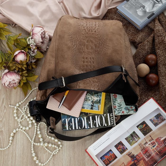 VERA PELLE torebka damska zamszowa worek shopper kroko V655 taupe