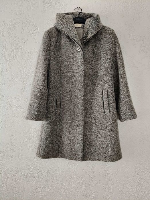 Wełniany damski płaszcz, klasyczny z kapturem, szary, M/L