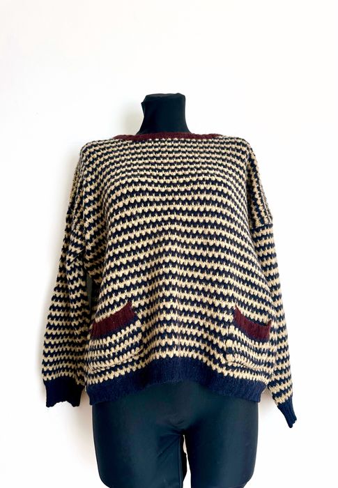 Beżowy damski sweter sweterek w paski 14% wełna 14% moher L 40 Cocogio