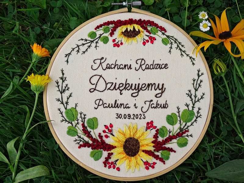 Ręczny haft jesienne słoneczniki. Podziękowanie dla rodziców, dziadków