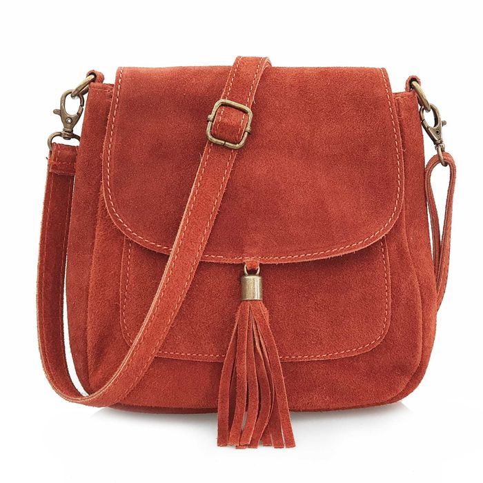 VERA PELLE torebka damska zamszowa listonoszka z klapą V449 orzechowa