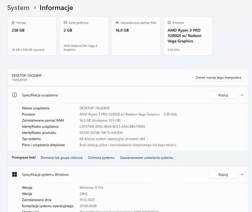 Mini PC Lenovo M75q Razen3 PRO  DDR4 16GB M.2 NVMe 256GB Windows 11
