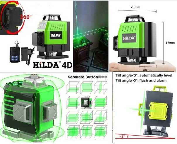 Лазерный уровень нивелир Hilda 4D 16 л.360° микролифт пульт кейс