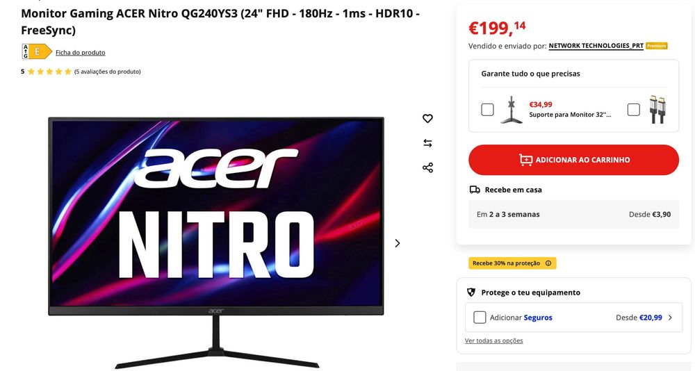 Monitor ACER Nitro QG240YS3 (24" FHD - 180Hz - 1ms - HDR10 - FreeSync)