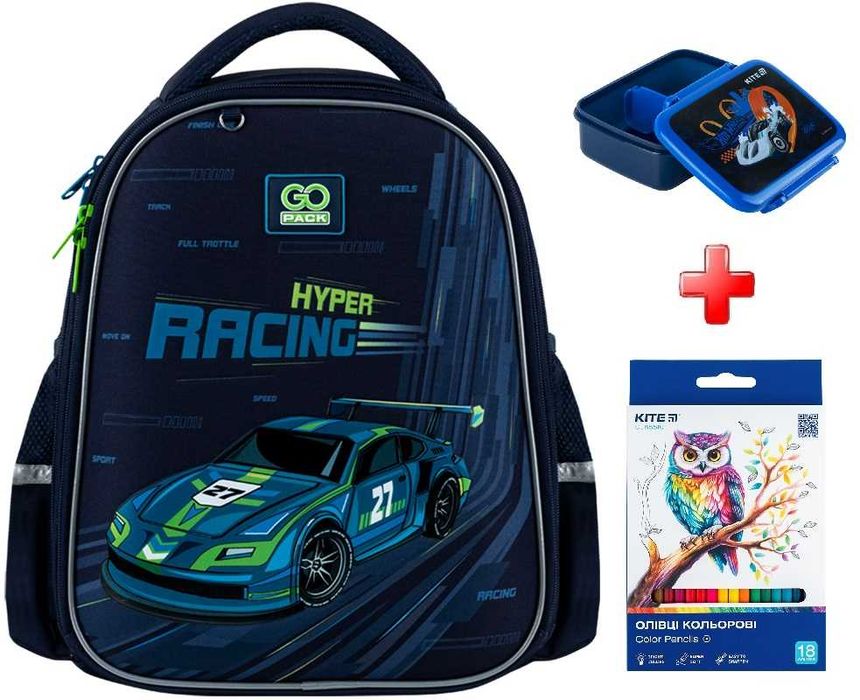 Рюкзак для школи напівкаркасний GoPack Education Speedway GO25-165S-4   подарунок олівці на 18 кольорів і ланчбокс