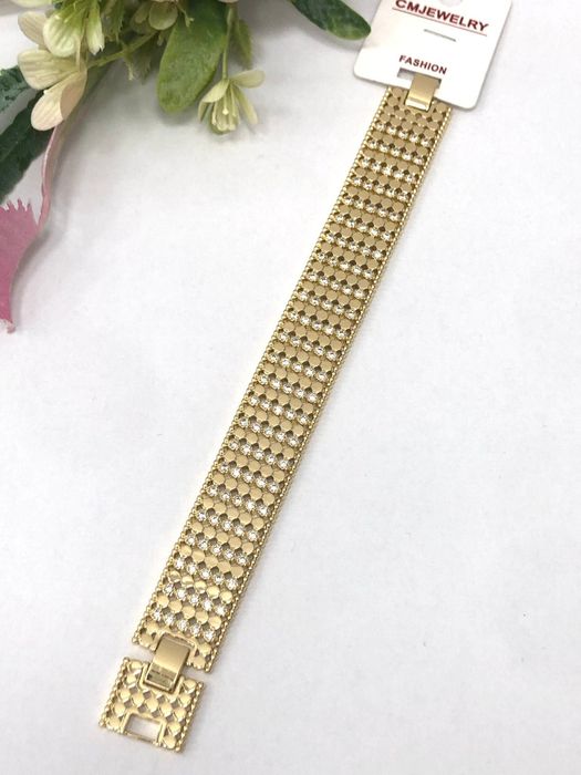 Szeroka złota bransoletka z cyrkoniami – luksusowa damska biżuteria glamour elegancka mesh bracelet fashion