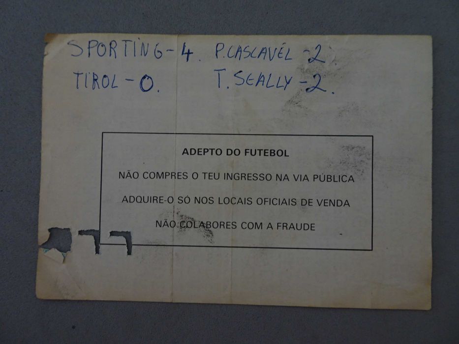 Bilhete de futebol Sporting F.C. Swarovski Tirol Taça dos Clubes Vencedores das Taças 15 setembro 1987