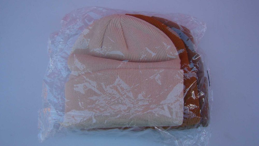 Komplet 3 czapek beanie prążkowane beż brąz rudy akryl – nowe