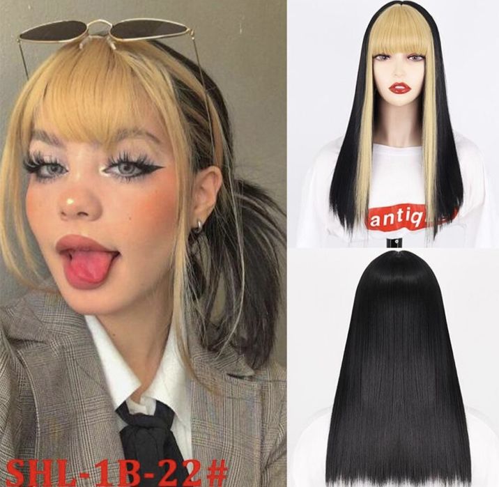 Перука з білим чубчиком, довга аніме косплей альт перука