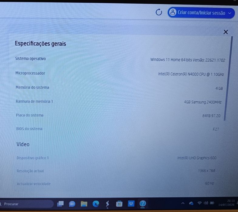 Portátil pc computador laptop HP stream 14-cb101np