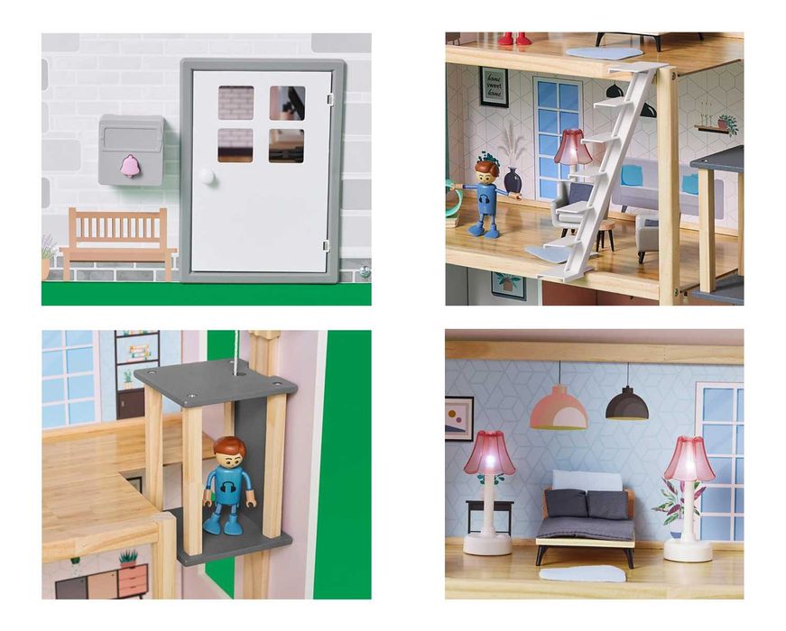 Domek dla lalek willa dzieci LED lalki XXL 3xpiętro DREWNO winda DEMO