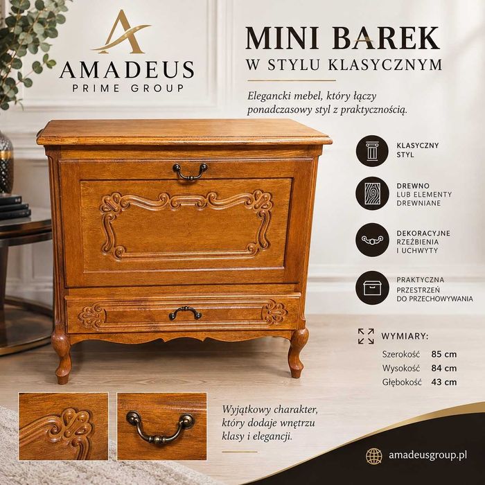 Mini barek w stylu klasycznym – elegancki mebel z dekoracyjnymi rzeźbieniami komódka