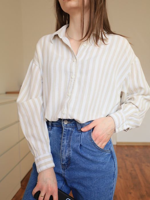 Stradivarius oversize koszula w paski beżowa kremowa L też M S wiosna