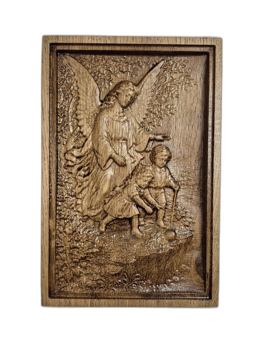 Anioł Stróż z dziećmi obraz z drewna dębowego 20 x 30 cm