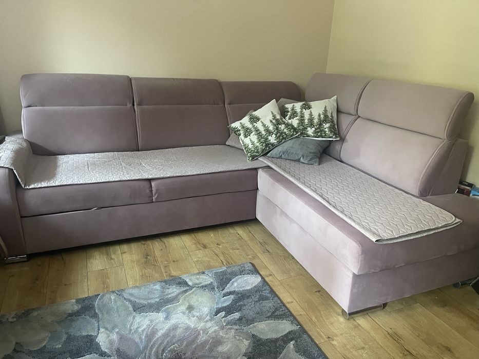 Sofa narożna z funkcją spania brudny cimny róż 265 cm x 210