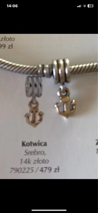 Kotwica charms Pandora srebro ze złotem