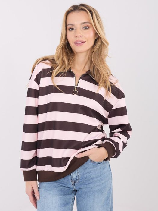 Jasnoróżowa bluza damska oversize w paski z kołnierzykiem zamek
