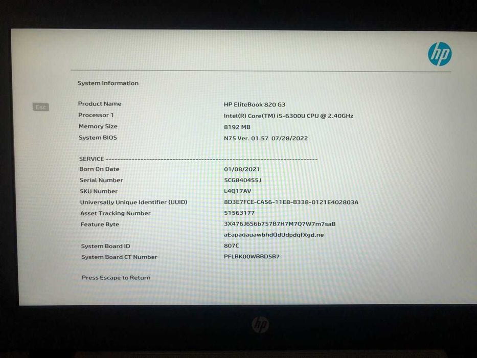 Ноутбук hp elitebook 820 g3-intel core i5-6gen-8gb ram ddr4