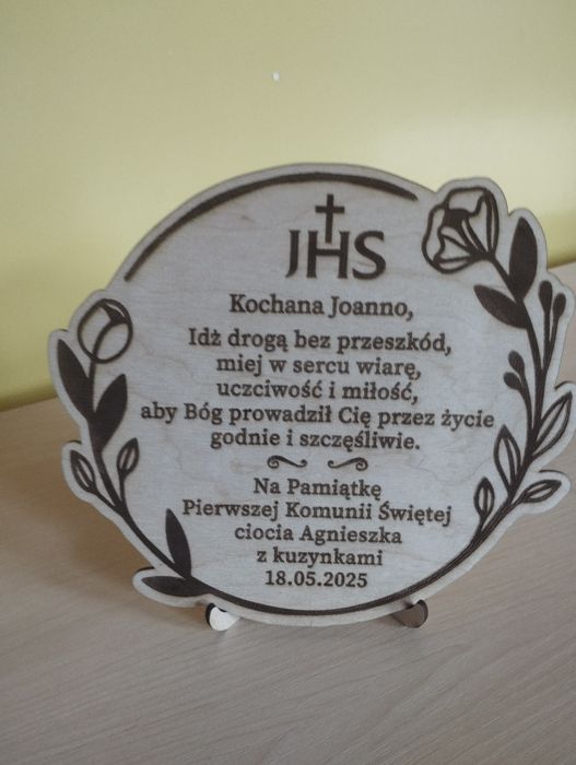 Komunia Tabliczka z życzeniami na podstawce