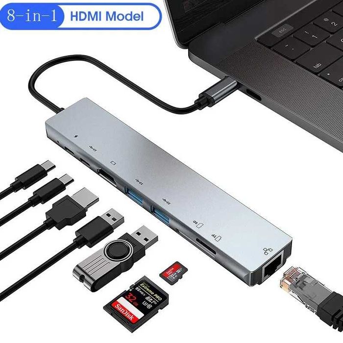 USB HUB 8in1 док-станція зі швидкою зарядкою Ethernet та HDMI хаб