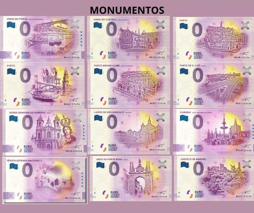 Várias notas de 0€ da eurosouvenir- monumentos portugueses