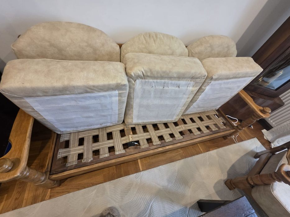 Komplet wypoczynkowy vintage 3+1+1 lite drewno bardzo solidny