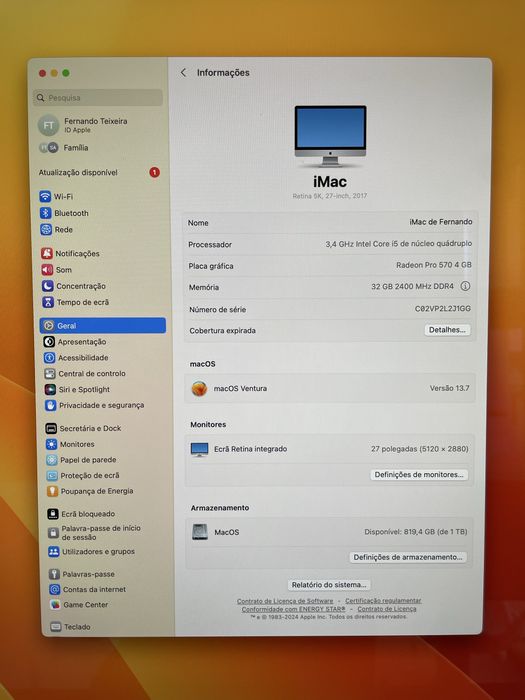 iMac 27” Retina 5K | 32GB | 1TB+500GB c/oferta Secretária