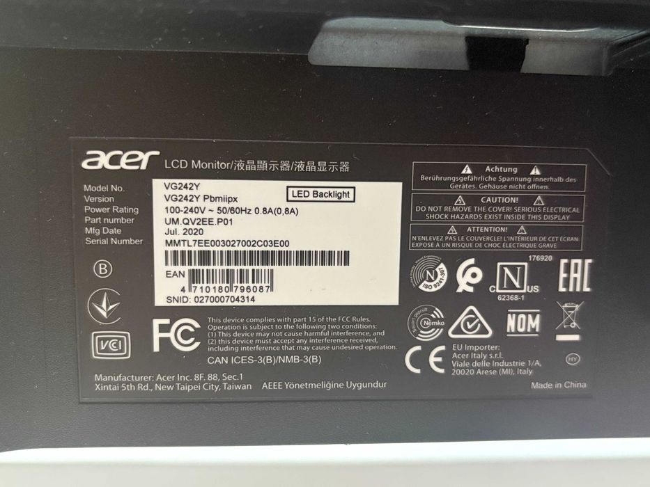 Монітор Acer vg242y 1080p 165Hz(На Запчасти)