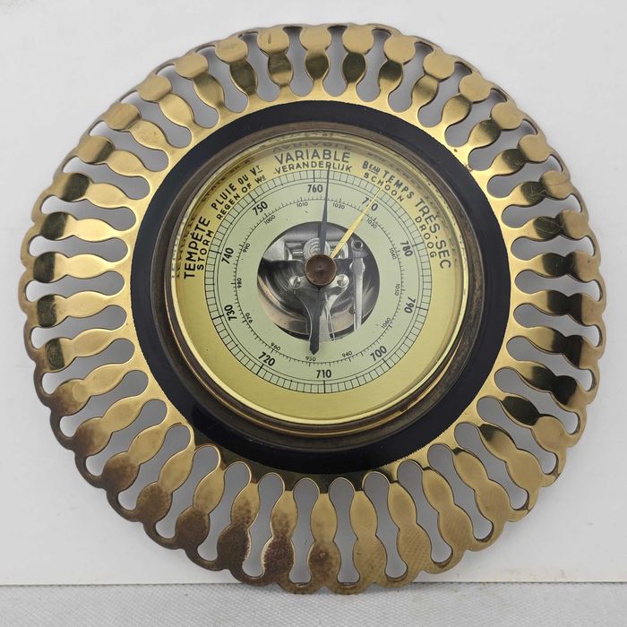 Zabytkowy Aneroidowy Barometr Mosiądz Vintage Retro Mid Century Sunburst