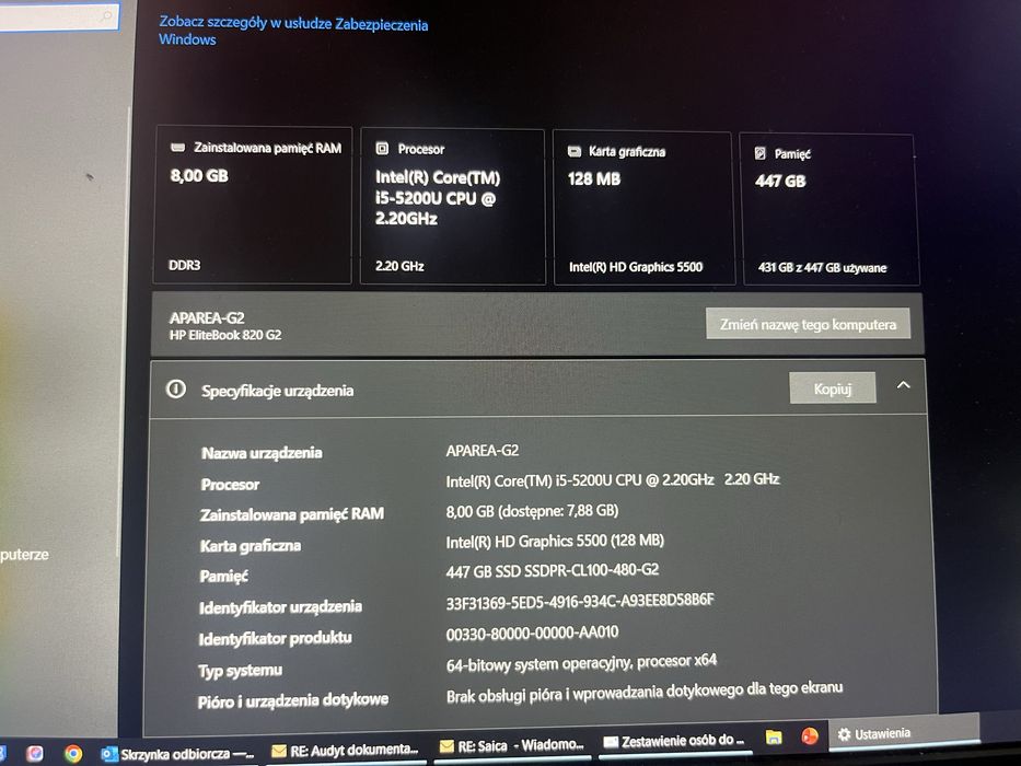 Laptop HP Elitebook 820 2 gen., 8GB, SSD 512GB, 12.5 cala, modem LTE