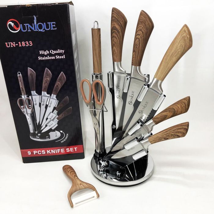 Набір кухонних ножів  з деревянними ручками і підставкою UNIQUE UN-183
