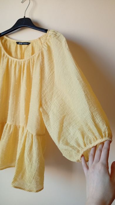 Żółta bawełniana bluzka z falbanką, ZARA, rozmiar XS