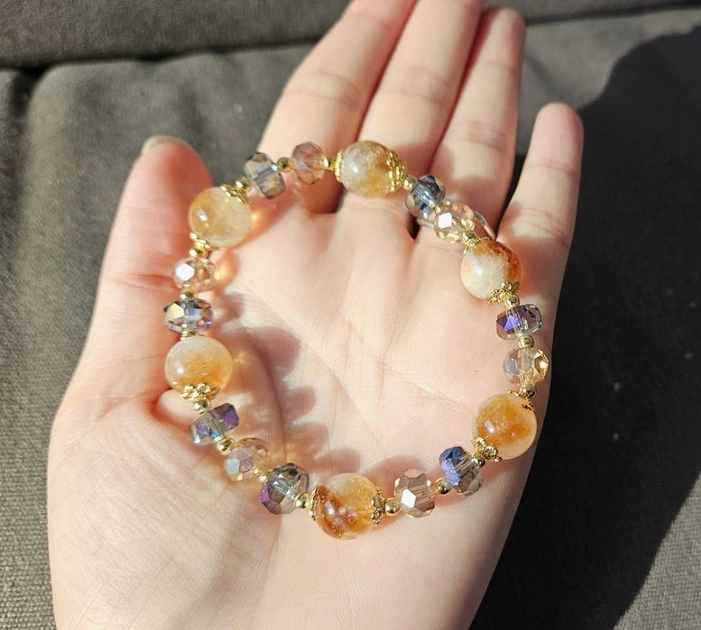 Pulseira de cristal amarelo natural e grãos de cristal austríaco