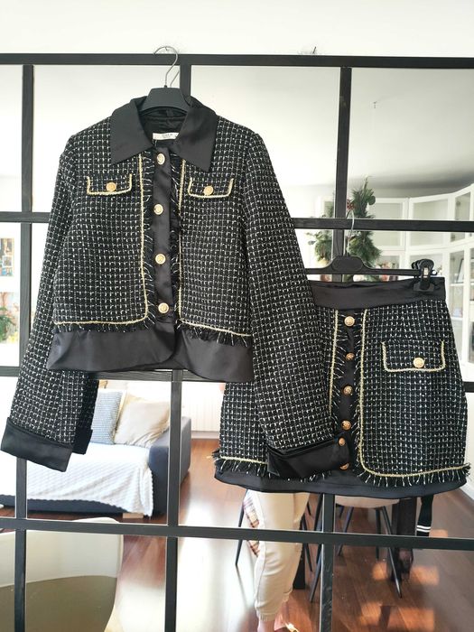 Komplet na zimę marynarka i spódnica tweed szyk S M