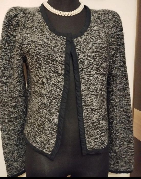 Eleganckie bolerko narzutka żakiet 40/42 szary bufki srebrna nitka