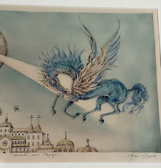 Duża surrealistyczna grafika „Spotkanie z Pegazem” Jean Daprai