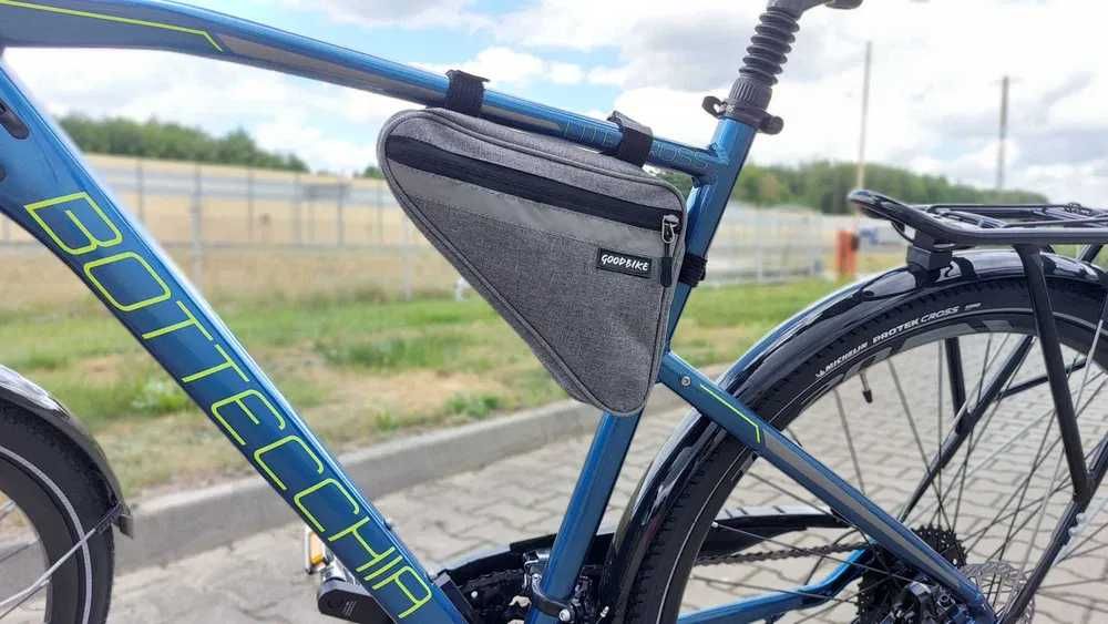 Sakwa rowerowa trójkątna na ramę, mocna, 2 komory, 130 g, szara, P