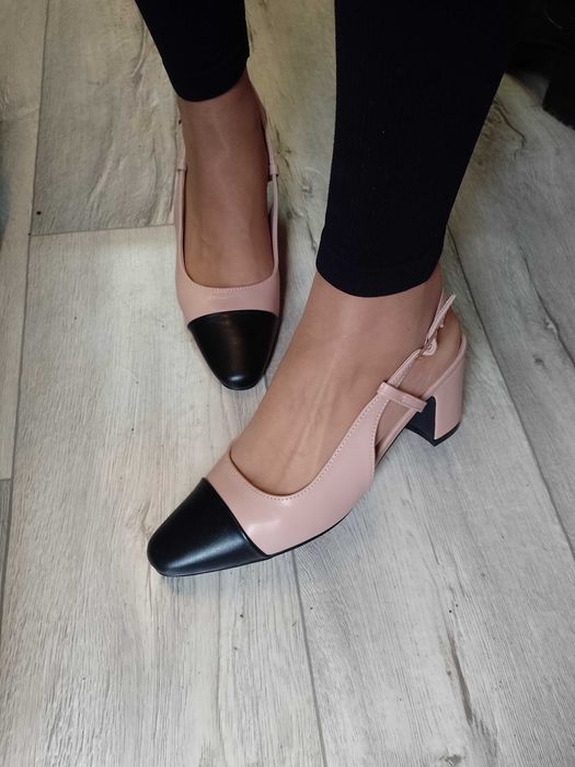 (40) Beżowo - Czarne czółenka wieczorowe z odkrytą piętą, NOWE