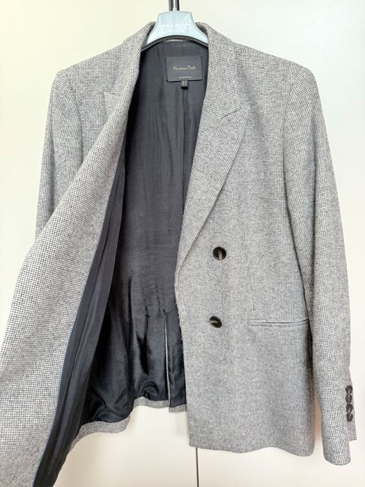 Massimo Dutti Wełniana marynarka żakiet w pepitkę Szara 40L