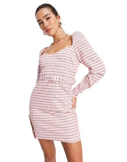 Sukienka elegancka wesele różowa ołówkowa w kratkę mini 34 1rrl