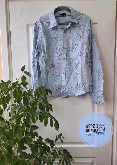 Koszula męska błękitna w kwiaty z długim rękawem cotton Reporter M