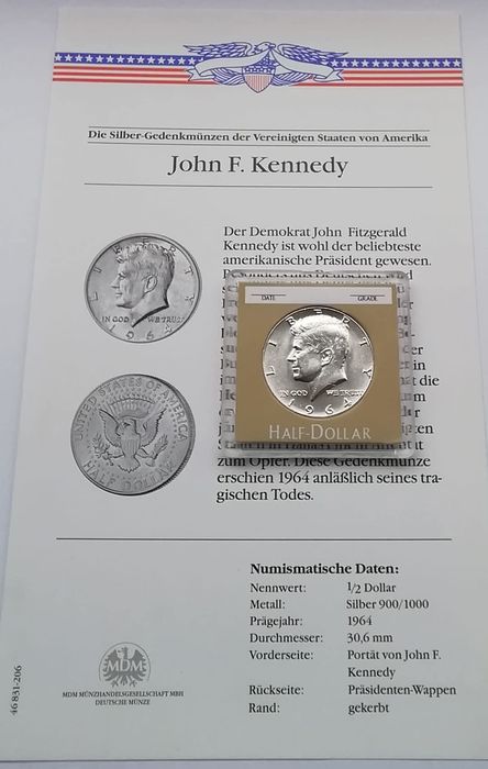 США 1/2 долара 1964р. Кеннеді Півдолара. СРІБЛО. СЕРТИФІКАТ! 900 Проба