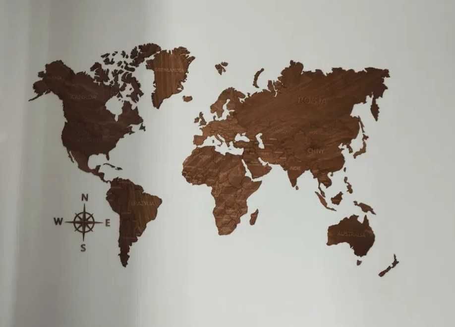 Nowa Drewniana Mapa Świata - Palisander (ciemny brąz, drewno) 105x63cm