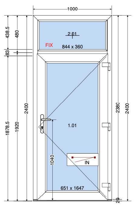 drzwi zewn. PCV z naświetlem górnym 1000x2400mm, otwierane do wewn.