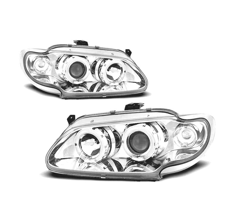 FARÓIS FRONTAIS ANGEL EYES RENAULT MEGANE 1 96-99. FUNDO CROMADO