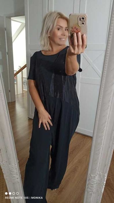 Czarny  długi kombinezon materiałowy szerokie nogawki MarksSpencer