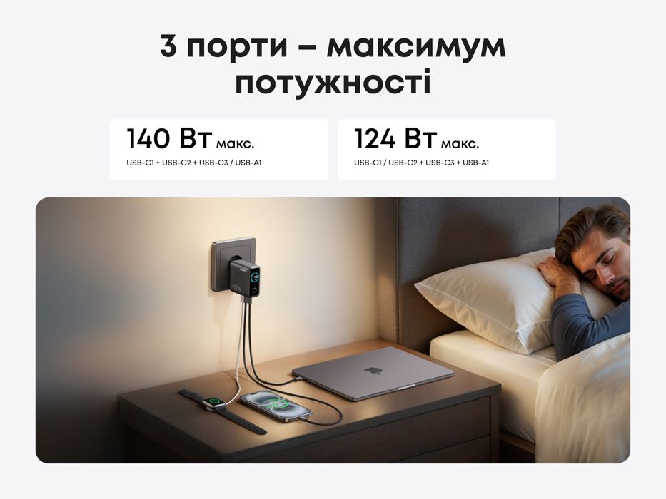 Зарядний пристрій Anker GaN 140W. Євро вилка. 240W Кабель. Нова