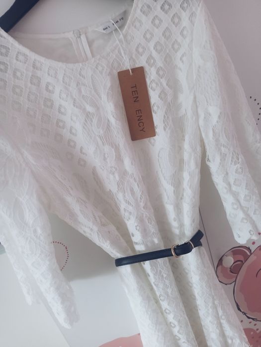 Nowa Biało Kremowa Ażurowa Sukienka midi, boho L